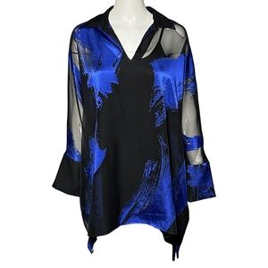 Donna Karan New York Oversized Blue Black Sheer Tunic M Asymmetric Hem